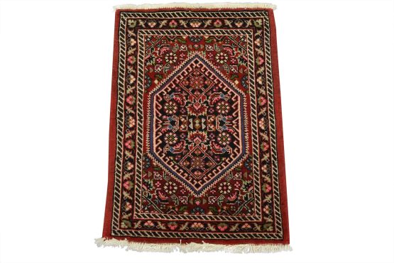 Bidjar Rug 1'5'' x 1'11'' Red Wool Vintage Traditional Hand-Knotted Carpet