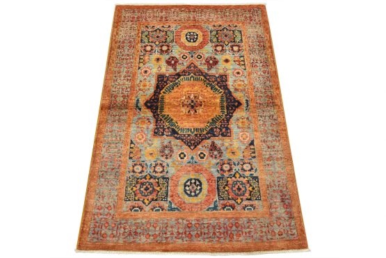 Mamluk Rug 3'3'' x 4'11'' Blue Wool Traditional Hand-Knotted Oriental Carpet