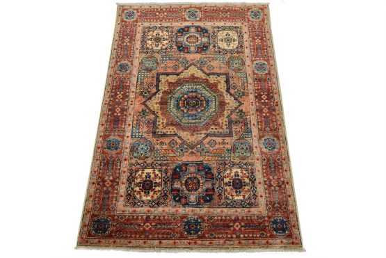 Mamluk Rug 3'3'' x 4'11'' Pink Wool Traditional Hand-Knotted Oriental Carpet