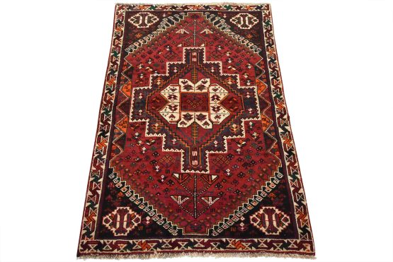 Qashqai Rug 3'5'' x 5'1'' Red Wool Vintage Tribal Hand-Knotted Oriental Carpet
