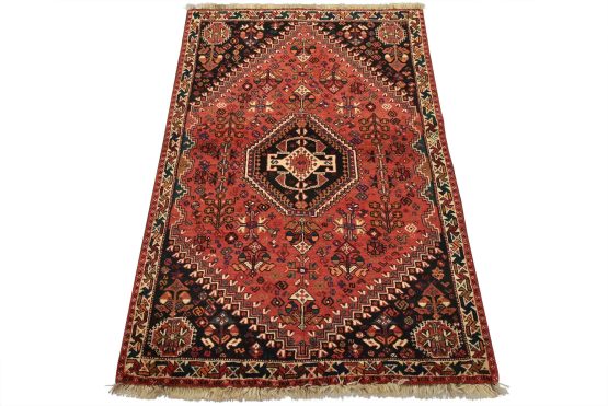 Qashqai Rug 3'10'' x 5'6'' Red Wool Vintage Tribal Hand-Knotted Carpet