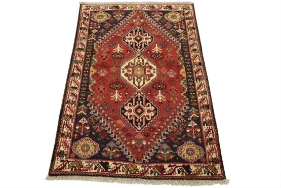 Qashqai Rug 3'9'' x 5'2'' Red Wool Vintage Tribal Hand-Knotted Oriental Carpet