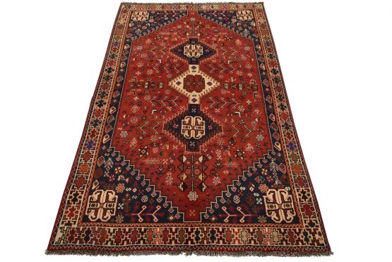 Qashqai Rug 5'2'' x 7'10'' Red Wool Vintage Tribal Hand-Knotted Carpet