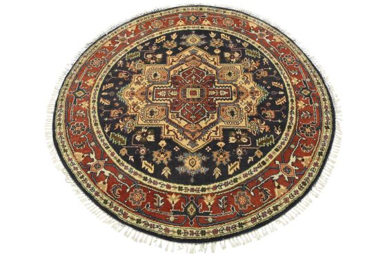Heriz Rug 7'10'' x 8' Blue Wool Traditional Hand-Knotted Oriental Carpet