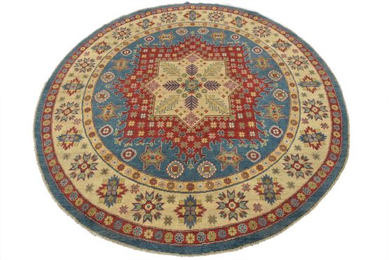 Kazak Rug 8'1'' x 8'1'' Blue Wool Traditional Hand-Knotted Oriental Carpet
